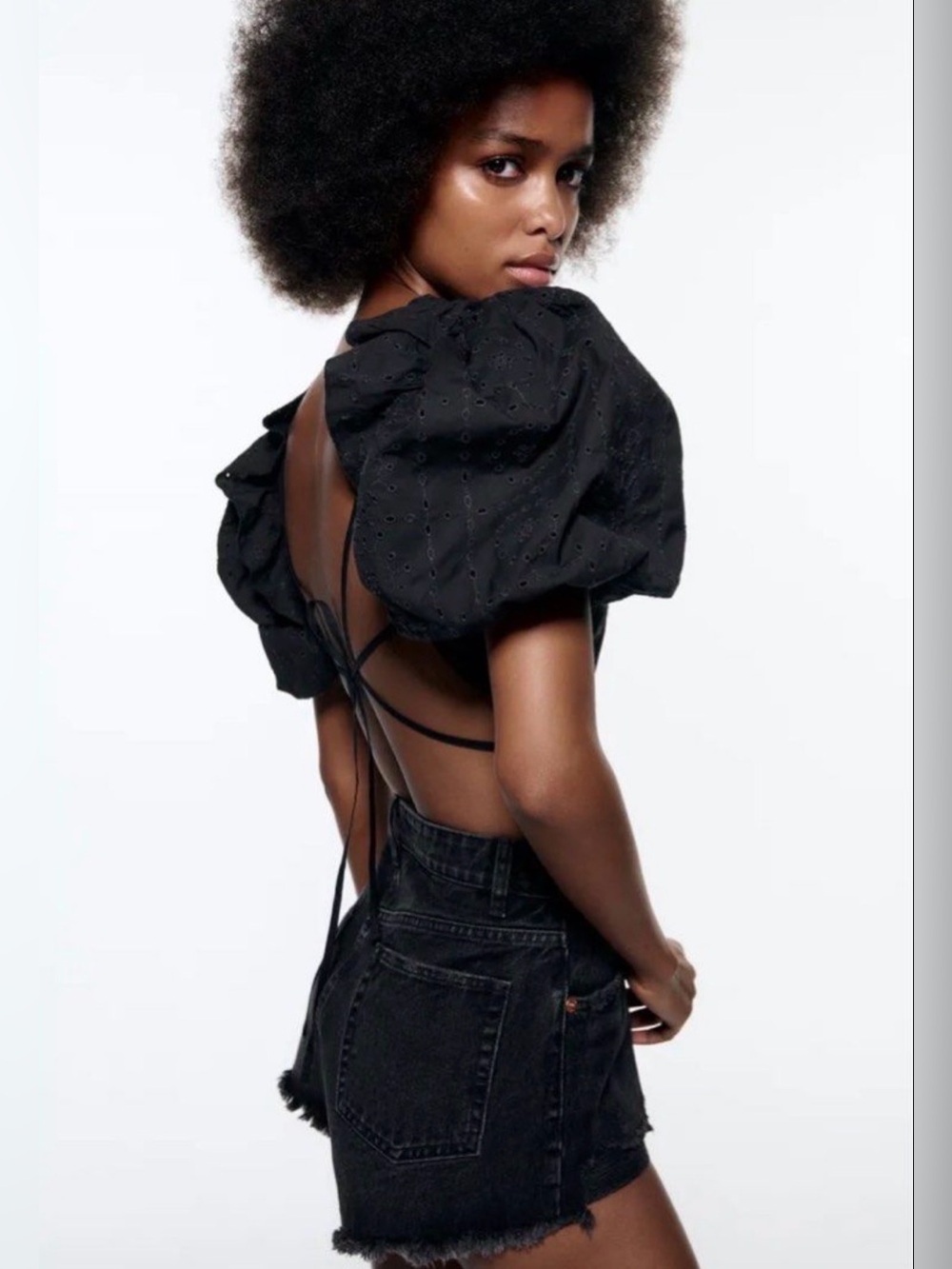 Zara Embroidered Eyelet Tie-Back Crop Puff Sleeve Top Black - Picture 3 of 6